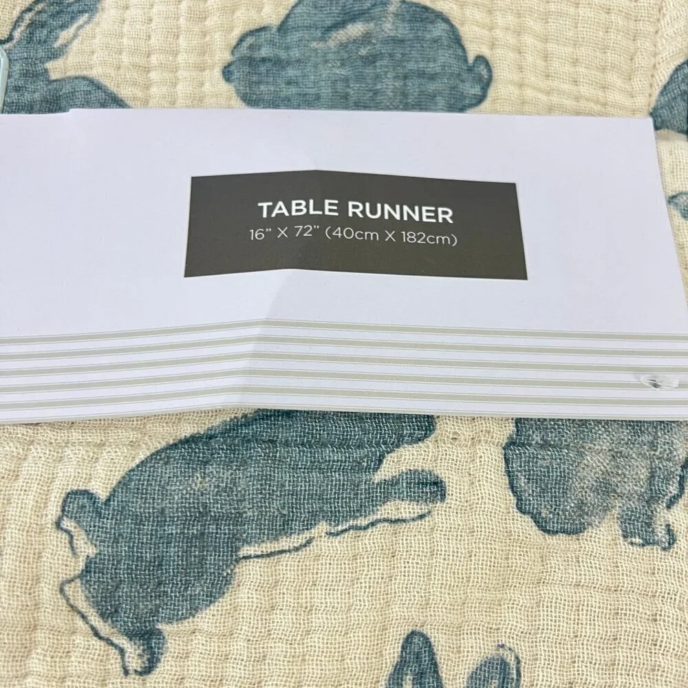 Rachel Ashwell Farmhouse Table Runner With Blue Bunny Print & Lace Trim 16